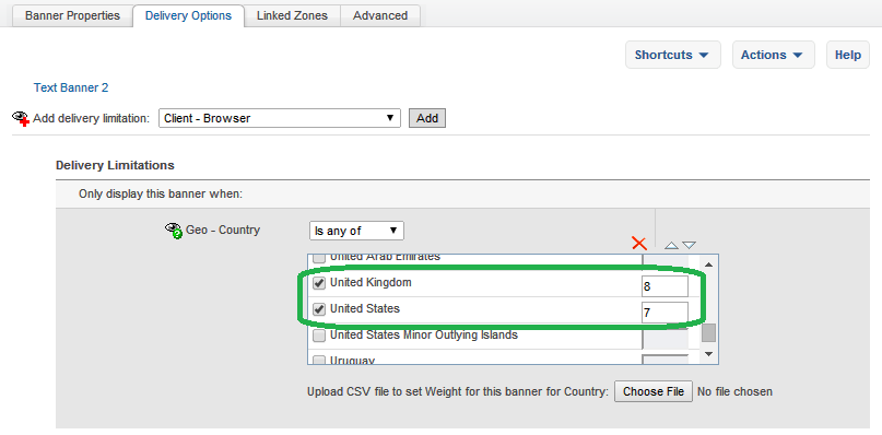 Set weight for banners by country wise on revive adserver